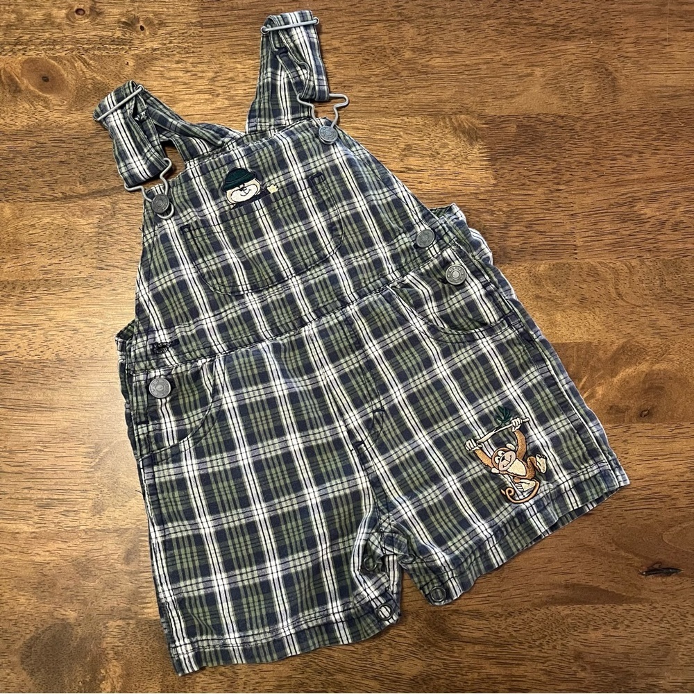 Vintage KHQ Sportswear Baby Overalls 9-12 Months Plaid Monkey Bear 90s Y2K